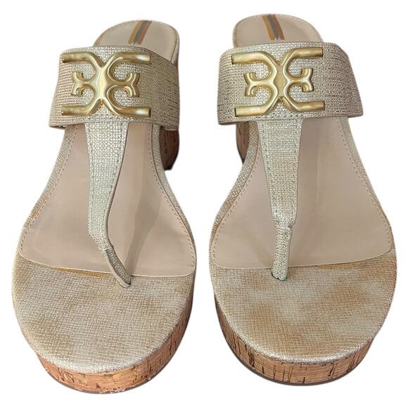 Sam Edelman New York Yardlie Cork Wedge Thong Sandals Muted Gold Leather Women 8 - Picture 3 of 7